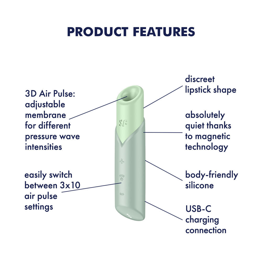 Close-up of Satisfyer Naughty Kiss clitoral stimulator with technical features highlighted | Flirty Bay Adult Store Australia, Vibrator
